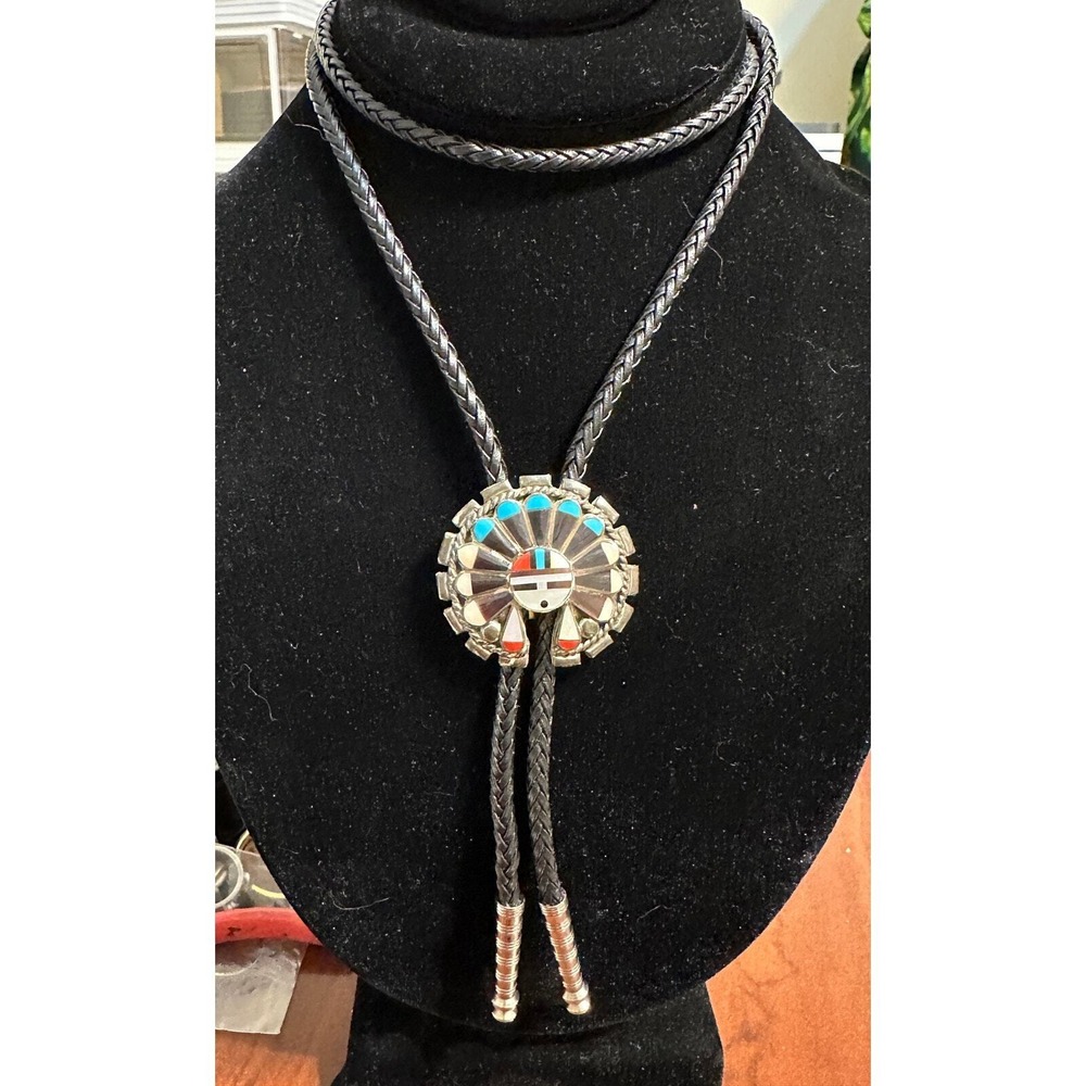 Sterling Silver Inlaid Gemstone Native American Sun Face Bolo Pendant Necklace